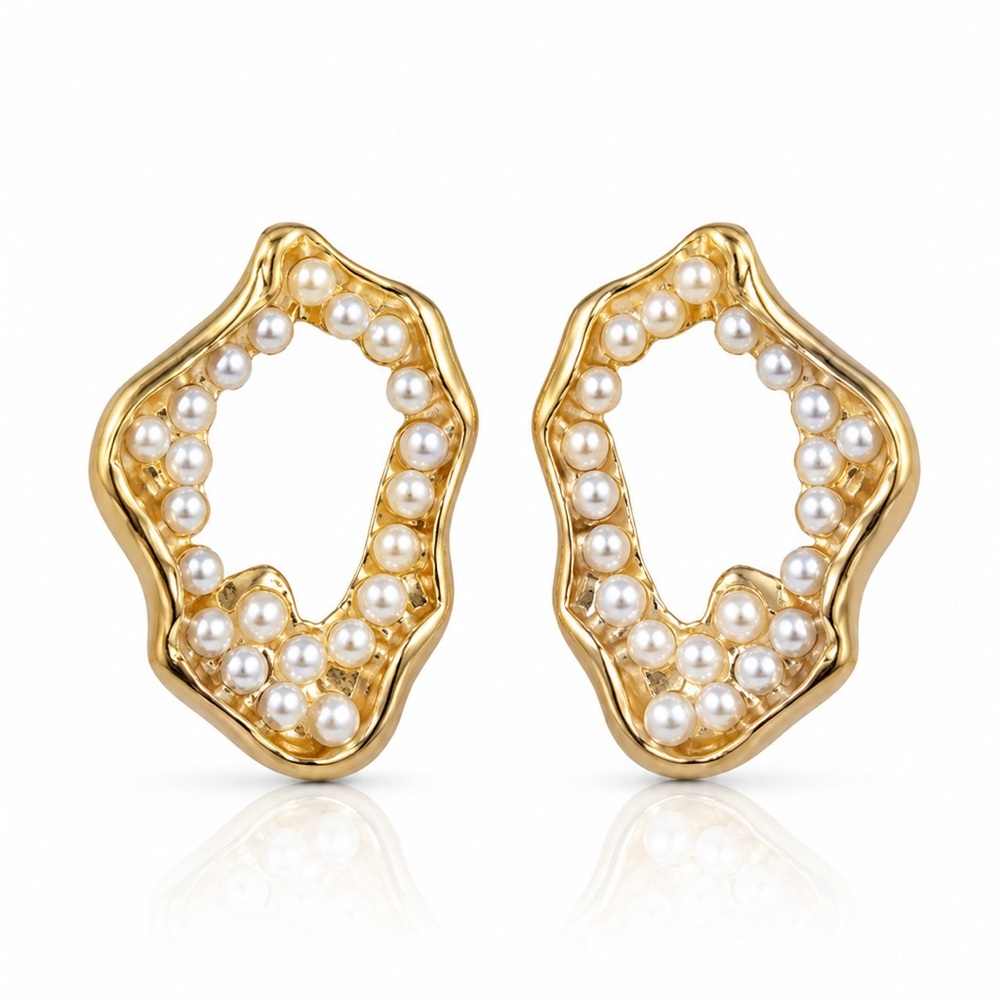 Gold Pearl-Accent Open Wave Stud Earrings